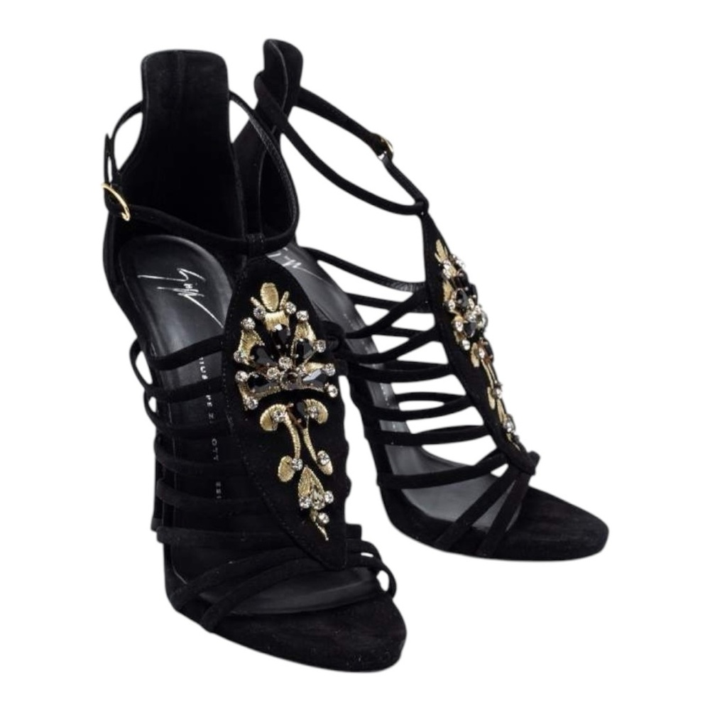 🍸GIUSEPPE ZANOTTI🍸Sexy Black Crystal Embellished T-Bar Sandal Heel - Picture 5 of 12